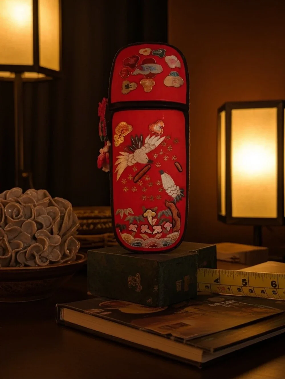 Cranes Embroidered Korean Glasses Case, Fortune Symbols Embroidered Eyewear